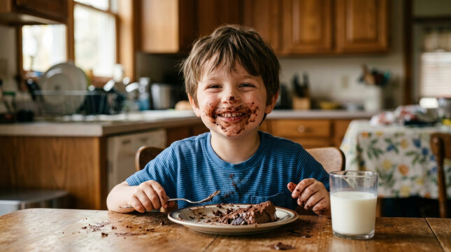 Happy boy with chocolate smeared face eating cake and drinking milk