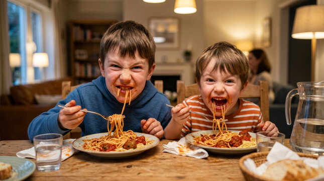 Two messy boys enthusiastically eating spaghetti with meatballs at a wooden table