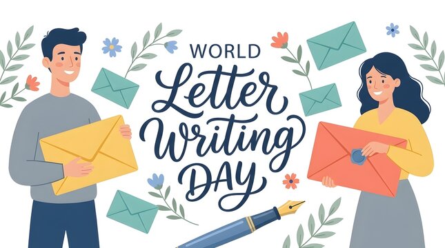 World letter writing day illustration with a man and woman holding envelopes and decorative floral elements