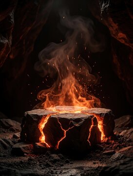 Stone podium erupts with bright lava inside dark cave. Hot magma glows between cracked volcanic rock surface. Intense fire flames rise upwards with sparks smoke. Abstract fantasy stage creates