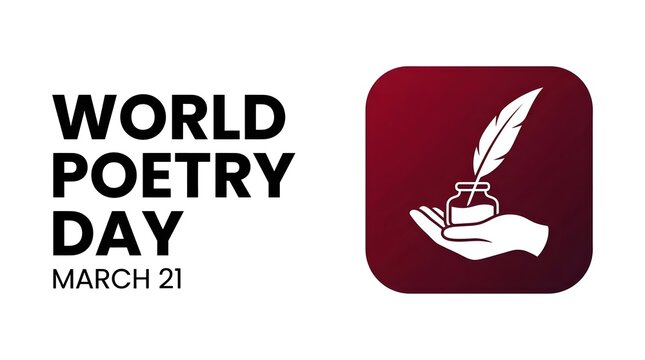 World poetry day celebration banner with a hand holding an inkwell and a quill pen on white background