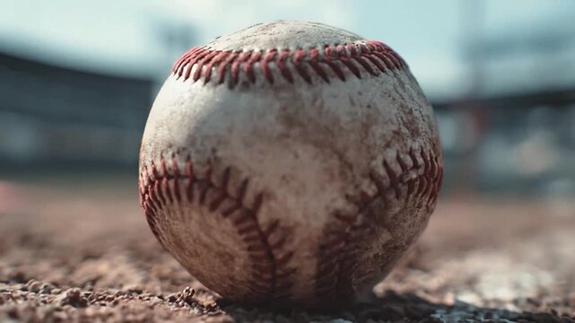 Macro view of worn baseball on dirt field surface.