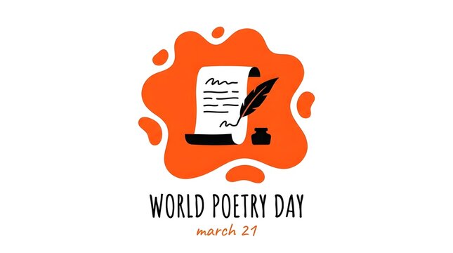 Creative illustration for world poetry day featuring a quill pen writing on paper inside an orange blob