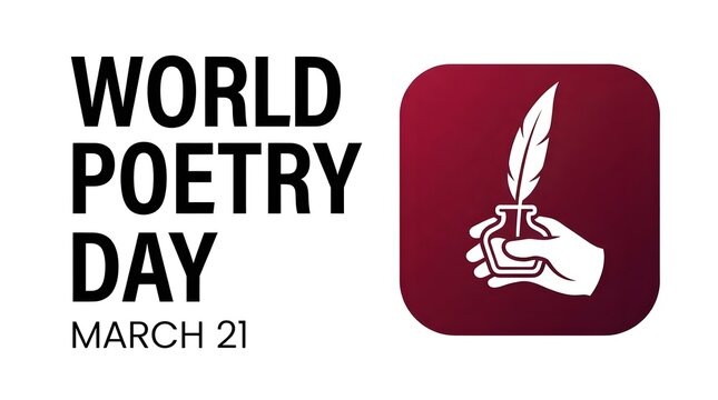 World poetry day celebration banner with a hand holding a quill pen and ink bottle icon