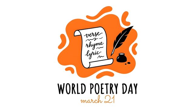 World poetry day illustration with a scroll paper and a quill pen on an orange background