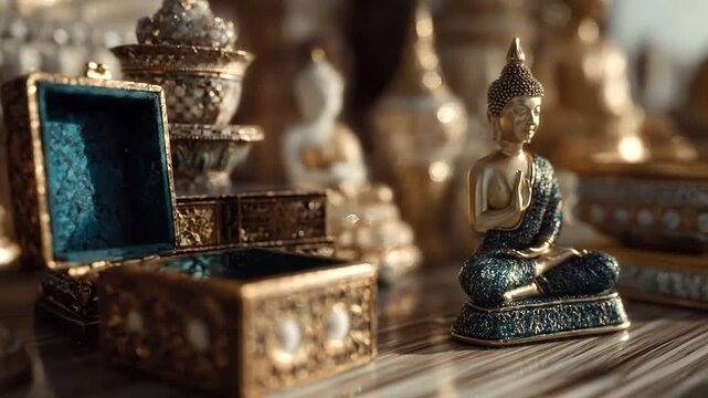 Ornate Buddha figurine sitting next to jeweled trinket box.