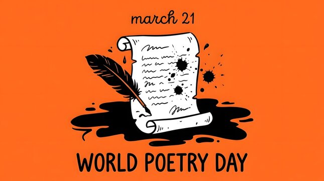 World poetry day illustration featuring a scroll and a feather quill pen on an orange background
