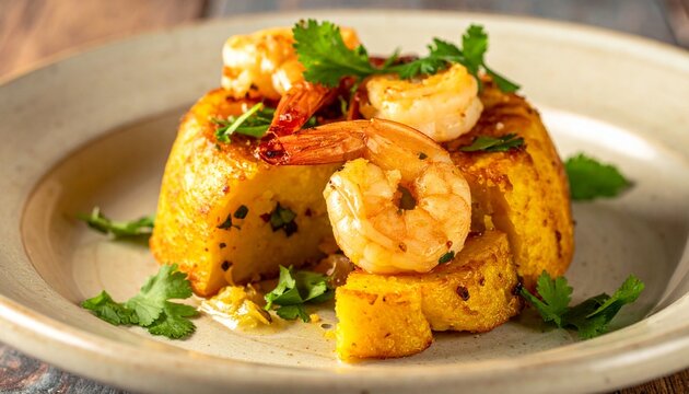 Puerto Rican Mofongo with Garlic Shrimp Close Up Shot