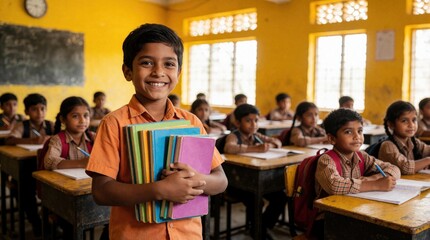 Obraz premium Young Indian boy smiles holding books in classroom. Other kids study at desks in school. Joyful student proud, eager for knowledge. Education in India classroom setting.