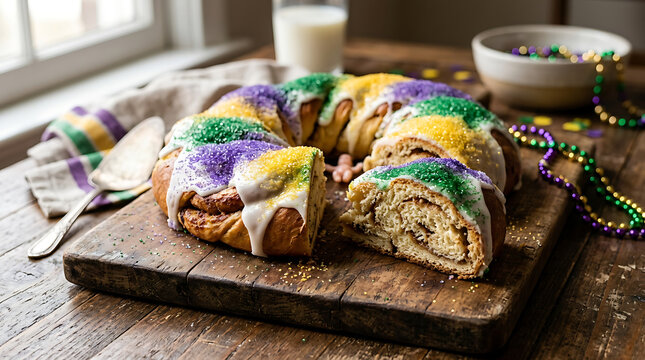 Delicious colorful bar cookies on rustic wooden board with coffee