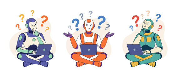Fototapeta premium Robots contemplating with question marks and laptops, concept of artificial intelligence doubt, thinking, confusion, problem solving
