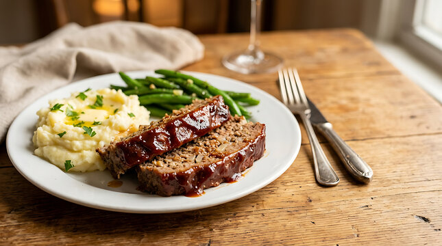 Delicious beef steak with mashed potatoes and green peas on a wooden dining table