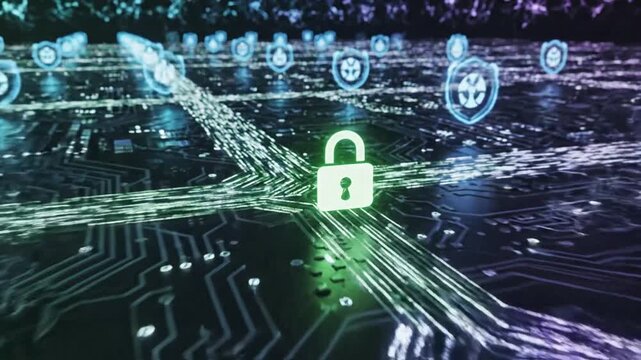 Red padlock on digital circuit board with blue security shields