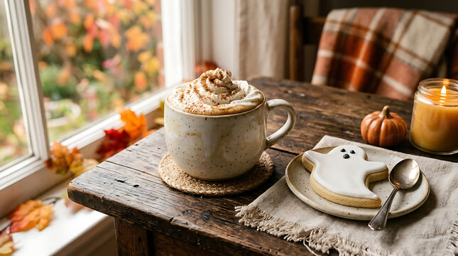 Cozy breakfast setting with pastries, coffee, and natural light on wooden table near window