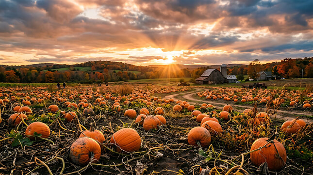 Sunset over vast pumpkin field with golden light and dramatic clouds