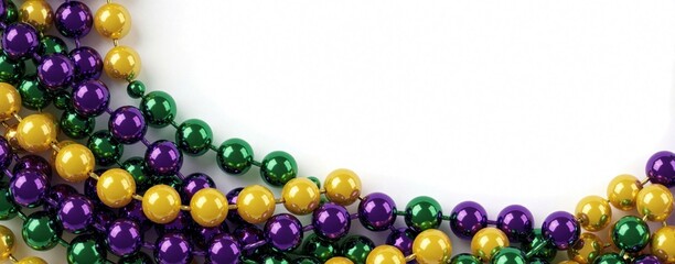 Obraz premium Decorative Mardi Gras frame border made of glossy purple green yellow beads. Shiny carnival necklace garland elements arranged on white background. Festive circular design layout for holiday