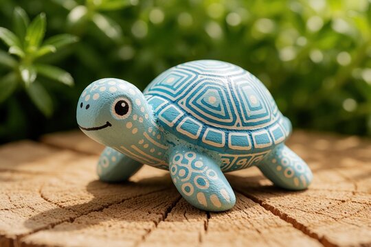 Small blue wooden turtle toy rests on textured tree stump surface. Pastel decorative animal figurine features ornate white painted patterns across shell, head. Nature inspired handicraft sits