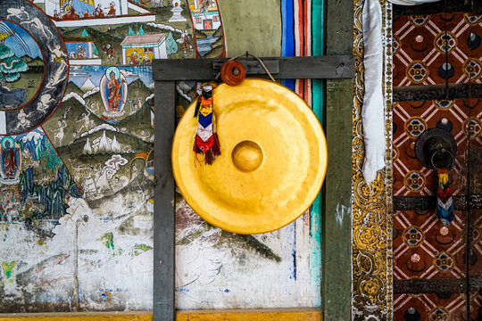 Bhutan, temple and monastery of Tamshing, old golden Gong.	