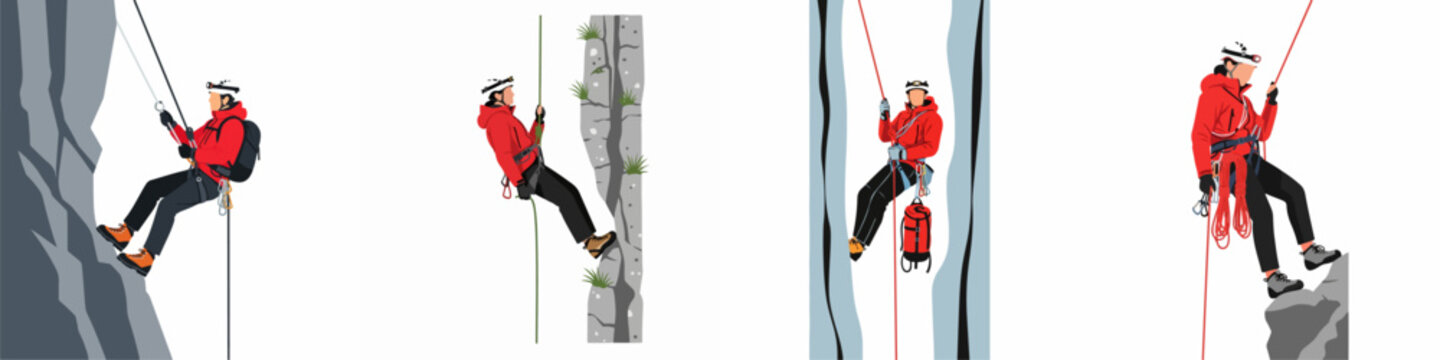 Flat vector illustration set of professional rock climbers and rappellers in red jackets using safety equipment on steep cliffs and mountain faces.