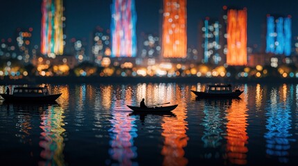 Fototapeta premium Small boats glide on dark water reflecting vibrant city lights at night. One person rows a boat in silhouette near illuminated tall buildings creating a peaceful urban scene.