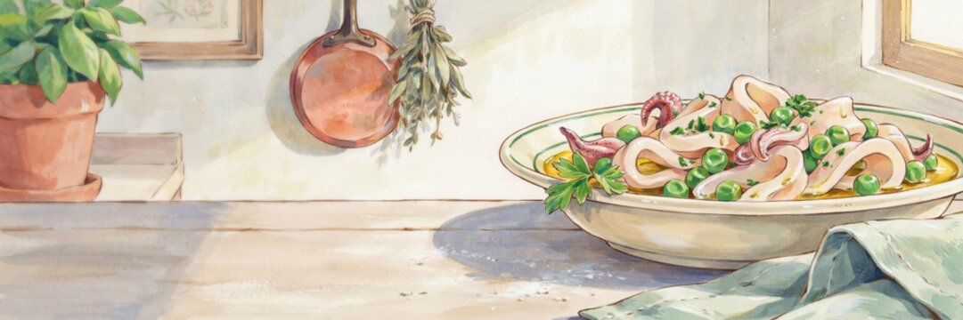 The national dish of Italian cuisine. 
Cuttlefish with peas in Venetian style (Seppie con piselli) &mdash; stewed cuttlefish with green peas, on a pillow of mashed peas. A banner with space for the text. 