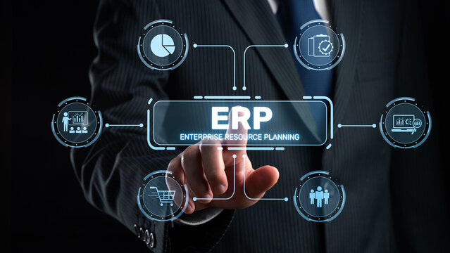 ERP platform visual showing centralized system for enterprise resource planning, improving integration, data flow, business efficiency, finance, inventory, and human resources. Elide