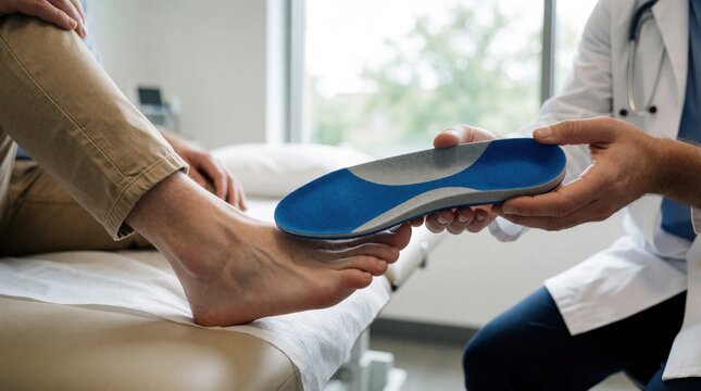 Doctor examines patient foot in clinic room. Medical specialist holds blue orthotic insole for arch support. Pro check up at hospital exam table. Orthopedic therapist advises client on shoe insert