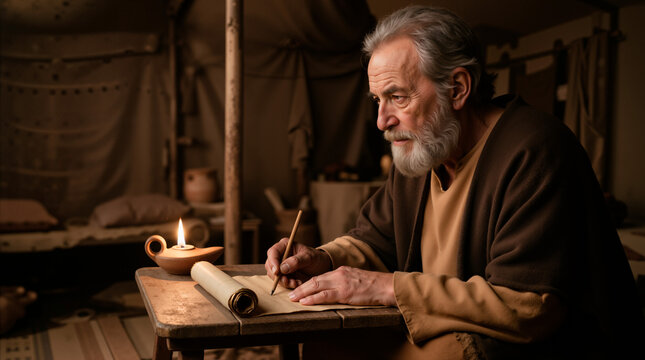 Apostle writing scripture on a parchment scroll by lamplight. Ancient scribe or disciple in rustic biblical setting. Elderly man with beard composing a letter in a dimly lit tent