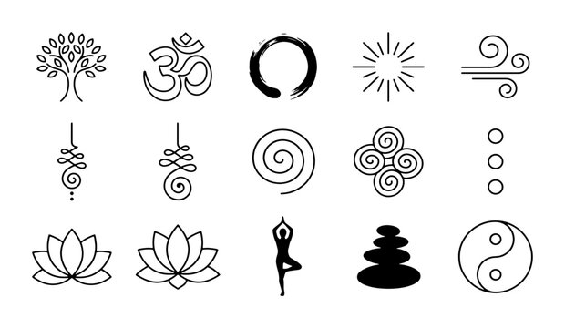 Zen yoga icons set with 15 spiritual symbols, black line art meditation elements, lotus flower and om sign vector illustrations for wellness branding