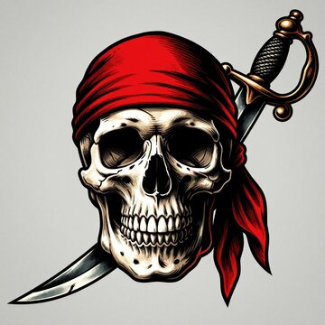 Pirate skull with red bandana and cutlass sword. This skull and crossbones imagery represents danger death and adventure. Classic pirate symbol for lore and legend.