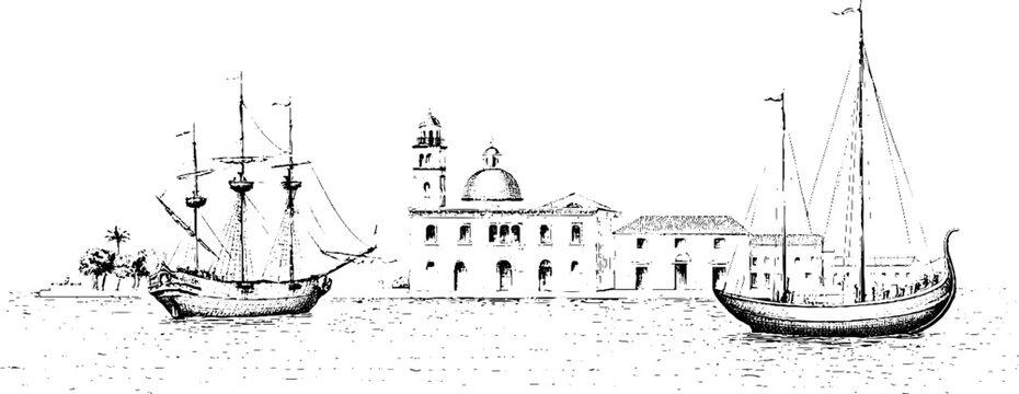 Vintage engraved ancient roman harbor panorama with ships and waterfront warehouses for maritime background and banner design