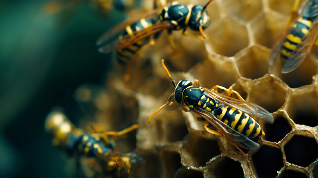 Close up macro photograph of yellowjacket wasps on a paper nest. Detailed view of striped insects on hexagonal cells with dark green background