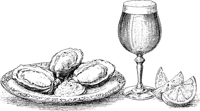 Vintage engraved black lager paired with plated oysters and lemon for seaside menu background and poster design