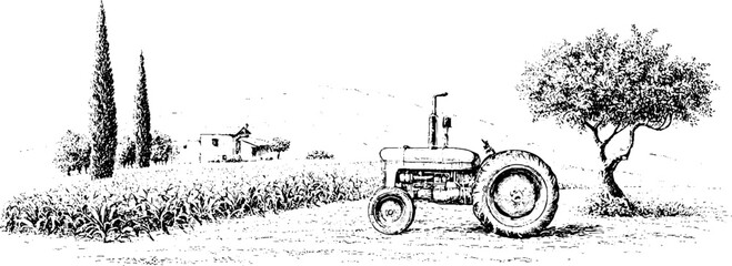 Obraz premium Vintage engraved farm scene with tractor and corn rows for rustic banner background and design use