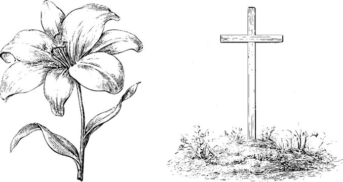Vintage engraved easter lily and wooden cross with sunrise light for religious background and spring banner design