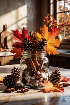 Glass jar filled with cinnamon sticks, white candy balls sits on marble kitchen counter. Colorful maple leaves, brown pine cones surround container. Fall home decor items create cozy rustic seasonal