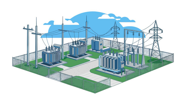 Electric power substation with transformers, power lines, and transmission towers, digital illustration