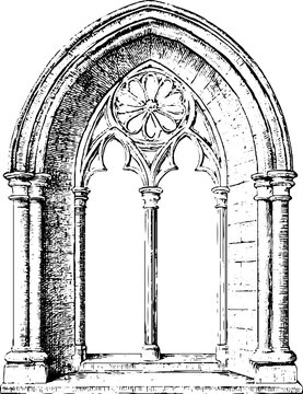 Gothic mullioned arched window with central column and rose tracery for architectural background and restoration design