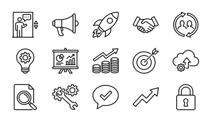 Fototapeta premium Business growth and startup icons set, 15 black outline vector symbols for corporate strategy, marketing and financial success icons
