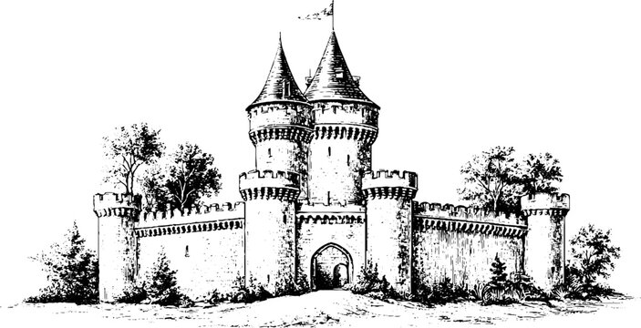 Medieval castle with round towers and defensive curtain walls engraved exterior for historical background and landscape design