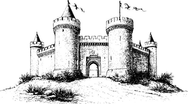 Vintage engraved fortified medieval castle with high round towers and central gate for historic banner and background design