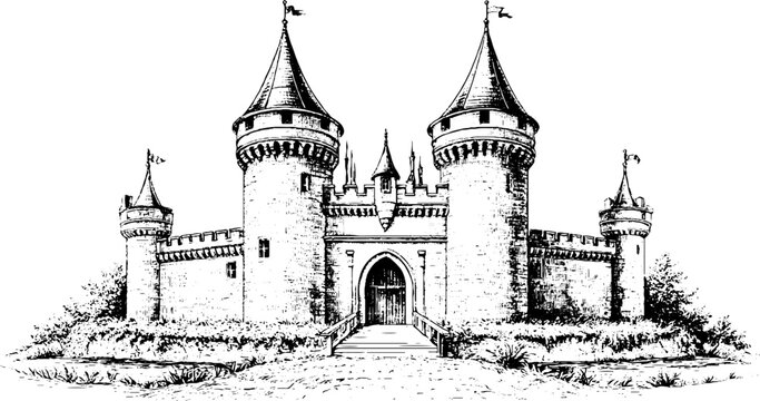 Vintage engraved medieval castle with moat and central drawbridge and flanking towers for historical background and poster design