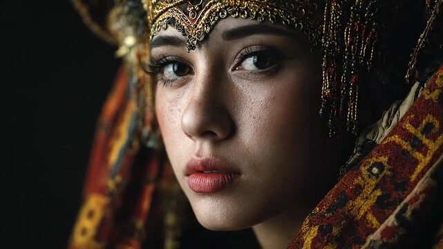 Portrait of woman wearing ornate gold headpiece and jewelry.