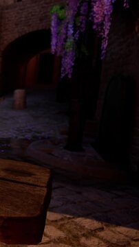 In a quiet outdoor area, a wooden table sits among plants with purple flowers. The setting is dimly lit, creating a relaxed atmosphere. This place shows signs of nature and design.