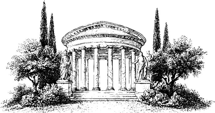 Circular roman rotunda with columns and statues surrounded by trees for classical garden background and landscape design