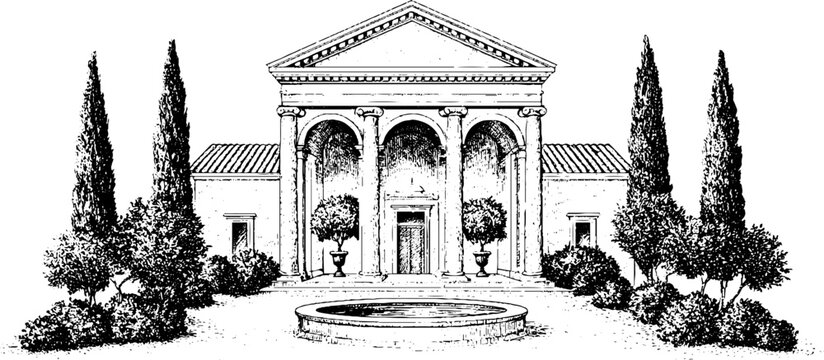 Vintage engraved roman villa with atrium and impluvium pool in front for historical architecture background and landscape design