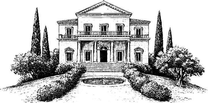 Vintage engraved roman villa facade with grand steps and impluvium for architectural background and historical illustration