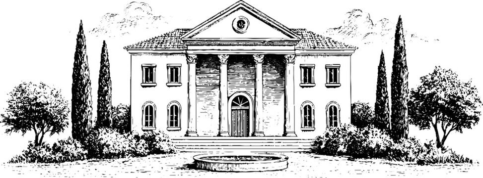 Vintage engraved roman villa with atrium and impluvium for architectural background and historic illustration