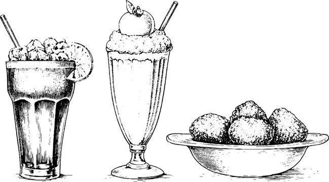 Vintage engraved root beer float, glass soda and bowl of ice cream scoops for menu background and dessert illustration