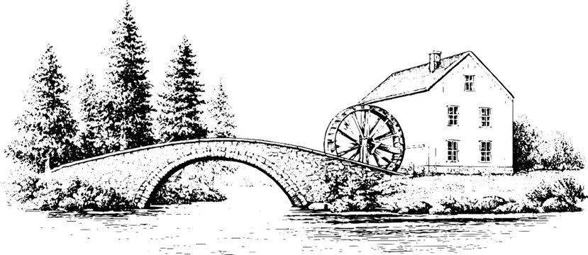 Vintage engraved rustic bridge with waterwheel and mill house background for banner and packaging in rural landscape design